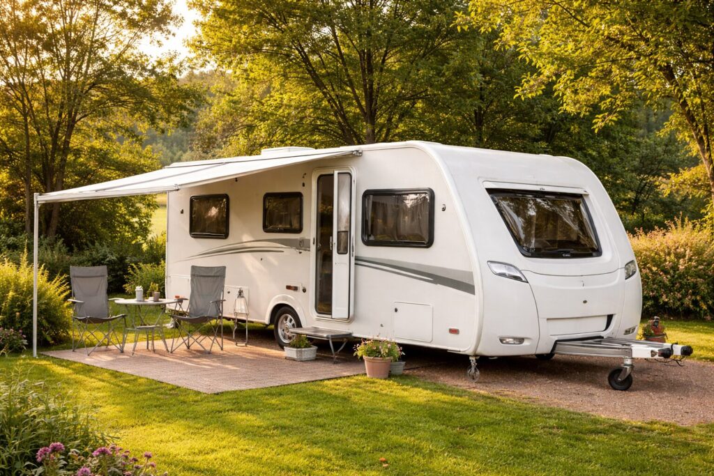 Touring Caravan pitched up